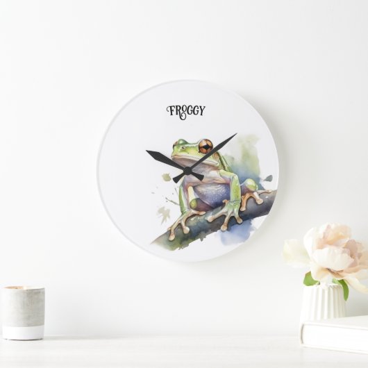 可愛い水色の木のカエルカスタム、 ラージ壁時計 (ホーム)