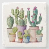 可愛い水色の砂漠のサボテンのポット ストーンコースター (正面)