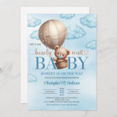 可愛い水色の茶色テディベア熱気球 招待状 (正面/裏面)