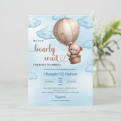 可愛い水色の茶色テディベア熱気球 招待状 (スタンド正面)