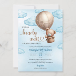 可愛い水色の茶色テディベア熱気球 招待状