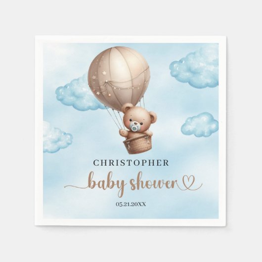 可愛い水色の青と茶色のテディベア熱い空気 スタンダードカクテルナプキン (正面)