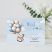 可愛い水色の青と茶色のテディベア風船 サンキューカード (スタンド正面)