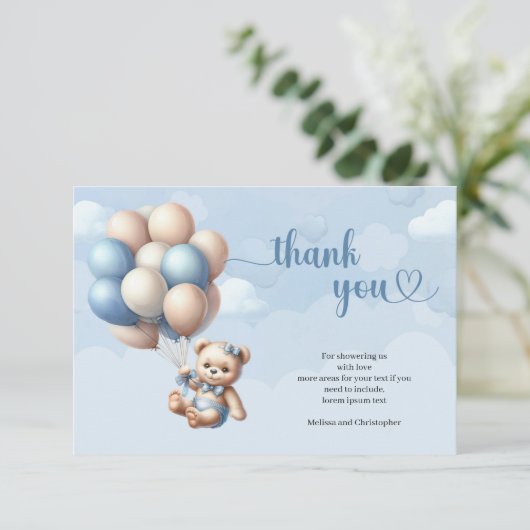 可愛い水色の青と茶色のテディベア風船 サンキューカード (スタンド正面)