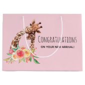 可愛い水色キリン母とベビーガール ラージペーパーバッグ (正面)