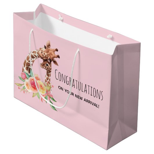 可愛い水色キリン母とベビーガール ラージペーパーバッグ (正面アングル)