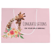 可愛い水色キリン母とベビーガール ラージペーパーバッグ (裏面)