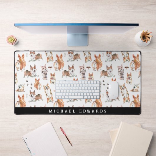 可愛い水色コルギドッグパターンモノグラム デスクマット (オフィス1)