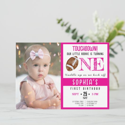 可愛い水色サッカー写真少女1st誕生日 招待状 (スタンド正面)