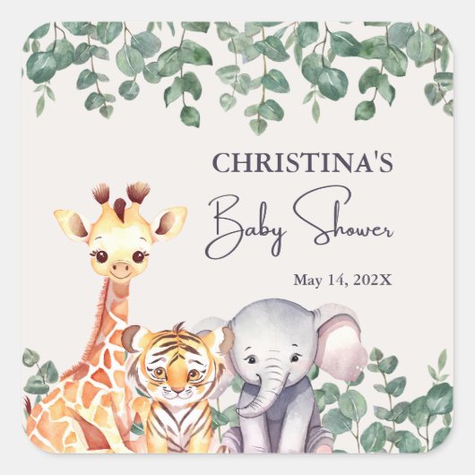 可愛い水色サファリ動物のベビーシャワー スクエアシール (正面)
