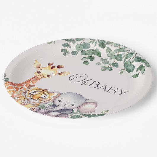 可愛い水色サファリ動物のベビーシャワー ペーパープレート (アングル)