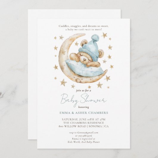 可愛い水色テディベア青ベビーシャワー 招待状 (正面/裏面)