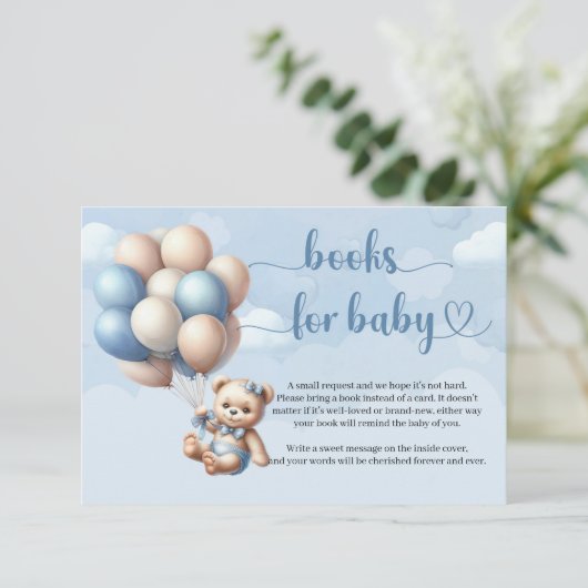 可愛い水色テディベア風船ブックリクエスト エンクロージャーカード (スタンド正面)