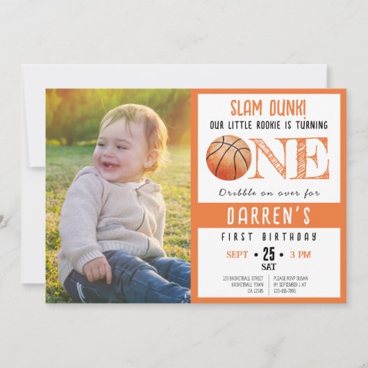 可愛い水色バスケットボールフォト誕生日1日 招待状 (正面)