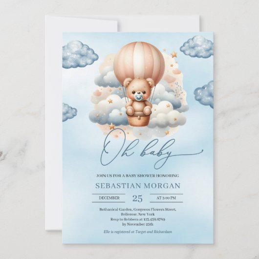 可愛い水色ブルーと茶色のテディベアああベビー 招待状 (正面)