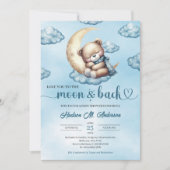 可愛い水色ブルーと金ゴールド眠るテディベア 招待状 (正面)