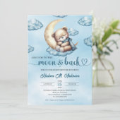 可愛い水色ブルーと金ゴールド眠るテディベア 招待状 (スタンド正面)