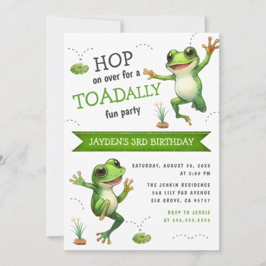 可愛い水色ホップオンオーバーカエル任意の年齢誕生日 招待状 (正面)