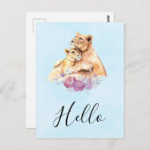 可愛い水色マザーライオン&キュービーハロー ポストカード (正面/裏面)