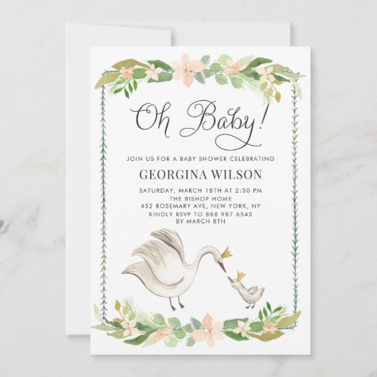 可愛い水色ママとベビー白鳥ベビーシャワー 招待状 (正面)