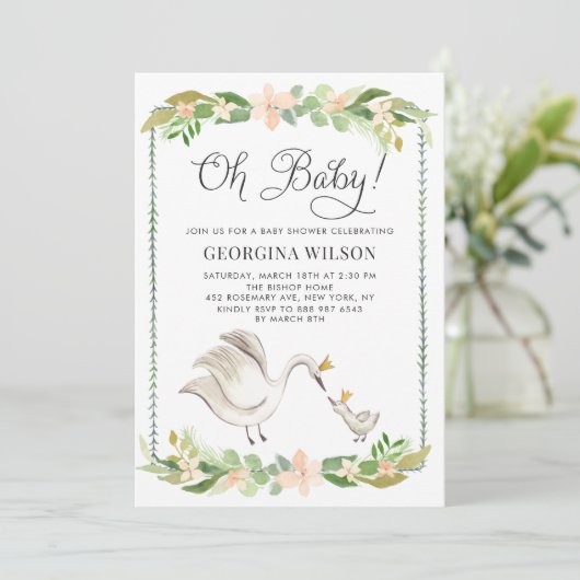 可愛い水色ママとベビー白鳥ベビーシャワー 招待状 (スタンド正面)