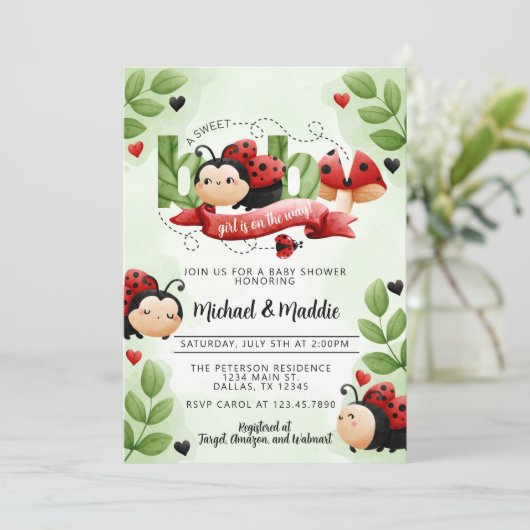 可愛い水色ラディバグ甲虫の虫の赤ちゃんシャワー 招待状 (スタンド正面)