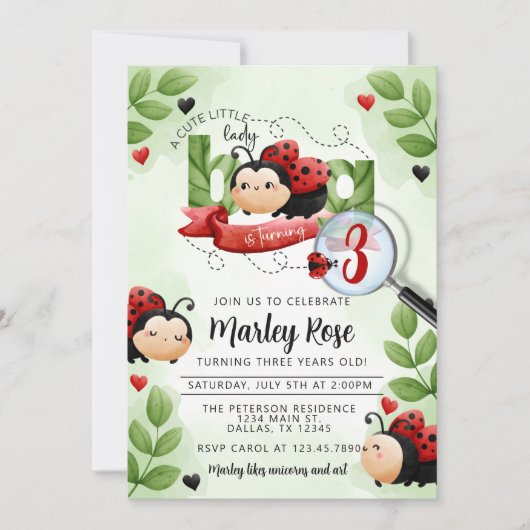 可愛い水色ラディバグ甲虫の誕生日パーティー 招待状 (正面)