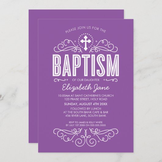可愛い洗礼エレガントは紫はっきりした紫の渦巻き 招待状 (正面/裏面)