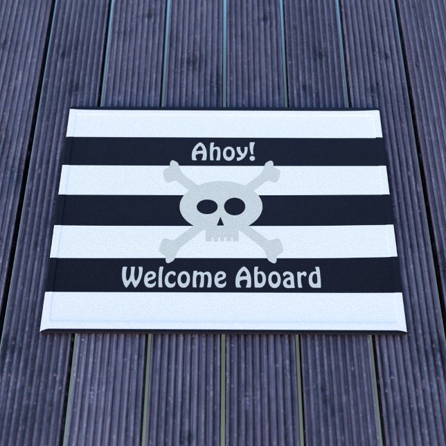 可愛い海賊スカルストライプ歓迎Doormat ドアマット (Ahoy! Welcome aboard! Cute doormat for your ship!)