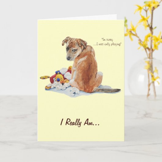 可愛い混成茶色の子犬ごめんなさい カード (黄色い花)