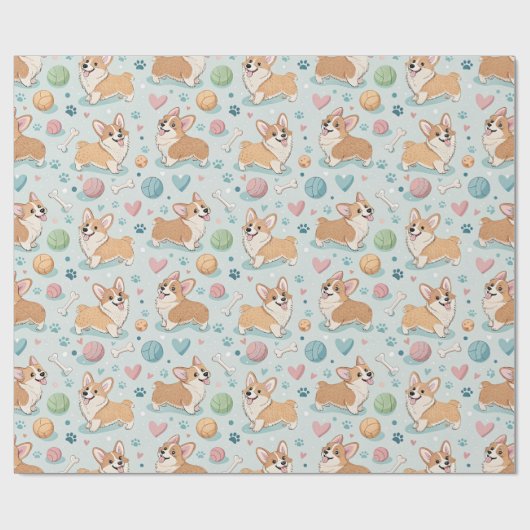 可愛い漫画のコーギラッピング紙 – ライトブルードッグ ラッピングペーパー (フラット)