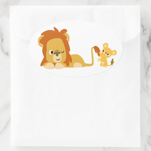 可愛い漫画のライオンパパとカッブステッカー 楕円形シール (バッグ)