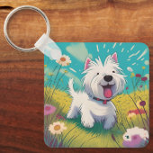 可愛い漫画のランニングウェスティーの花を介して キーホルダー (正面)