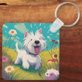 可愛い漫画のランニングウェスティーの花を介して キーホルダー (裏面)