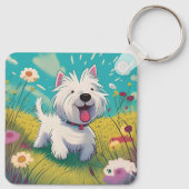 可愛い漫画のランニングウェスティーの花を介して キーホルダー (裏面)