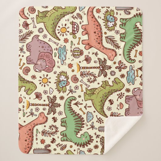 可愛い漫画の恐竜のヴィンテージ模様 シェルパブランケット (正面)