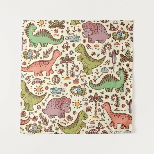 可愛い漫画の恐竜のヴィンテージ模様 タペストリー (正面)