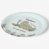 可愛い漫画の恐竜ブルーグリーンボーイ1st誕生日 ペーパープレート (アングル)