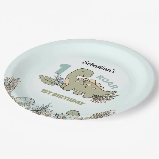 可愛い漫画の恐竜ブルーグリーンボーイ1st誕生日 ペーパープレート (アングル)