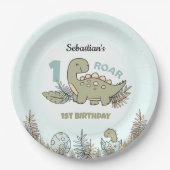 可愛い漫画の恐竜ブルーグリーンボーイ1st誕生日 ペーパープレート (正面)