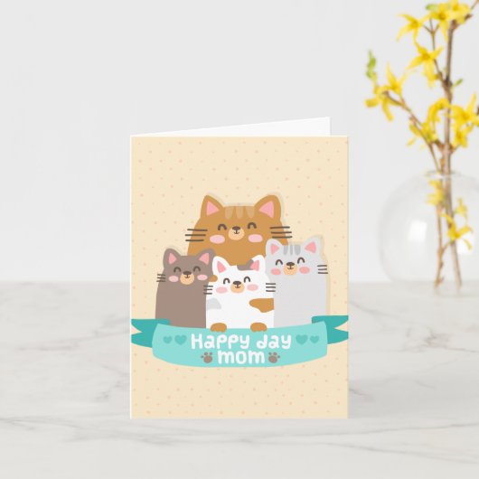 可愛い漫画の猫の家族の幸せな母の日 カード (黄色い花)