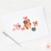 可愛い漫画の豚ファミリー楕円ステッカー 楕円形シール (封筒)