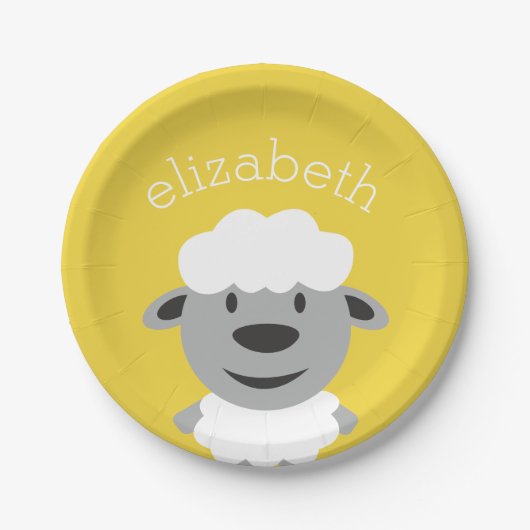 可愛い漫画の農場の羊 – 黄色と灰色 ペーパープレート (正面)