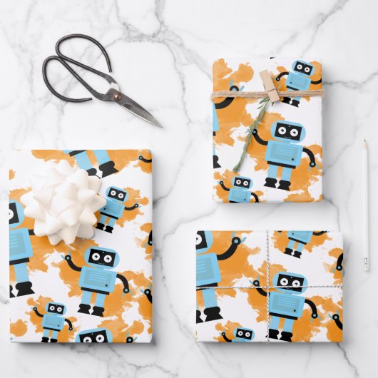 可愛い漫画の青いロボットオレンジ色の水色スプラッシュ ラッピングペーパーシート (正面)