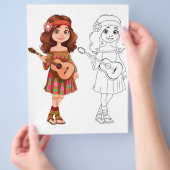 可愛い漫画の音楽の女の子カラーリングページ チラシ (手)