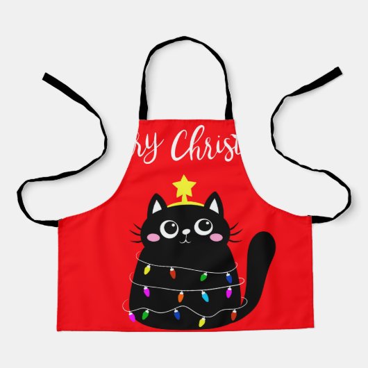 可愛い漫画の黒猫クリスマスツリー エプロン (正面)
