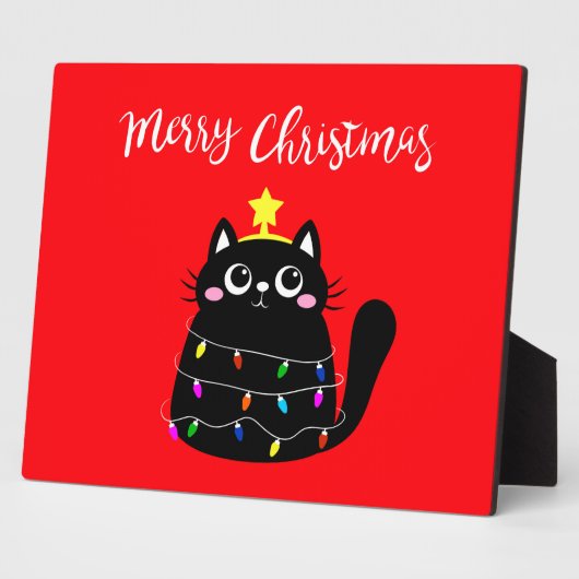 可愛い漫画の黒猫クリスマスツリー フォトプラーク (側面)