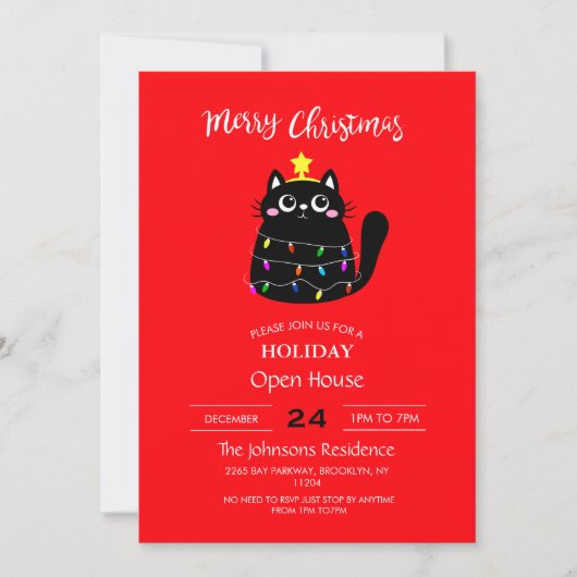 可愛い漫画の黒猫クリスマスツリー 招待状 (正面)