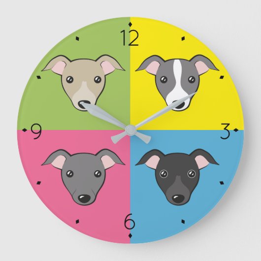 可愛い漫画イタリアングレイハウンドカラフルアポップ・アートのート ラージ壁時計 (正面)