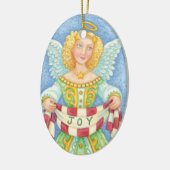 可愛い漫画クリスマスエンジェルハローと喜びバナー セラミックオーナメント (左)